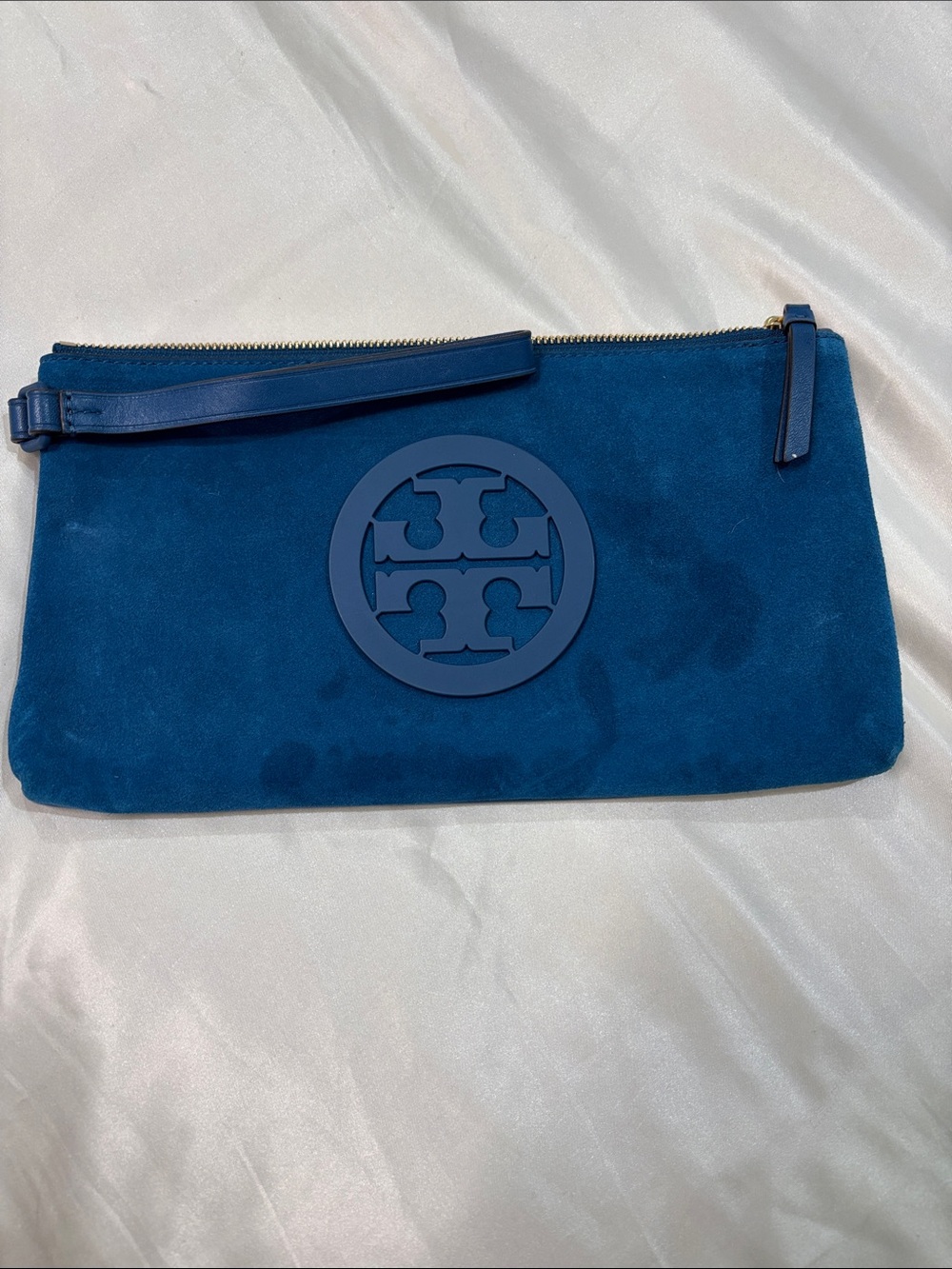 Tory Burch Blue Suede Logo Wristlet Clutch